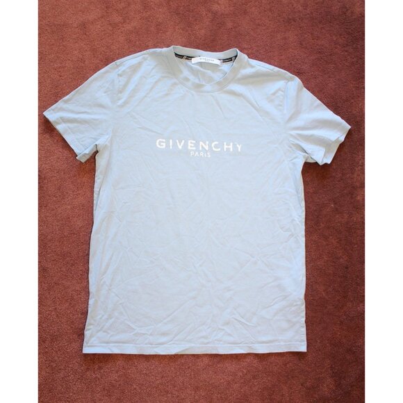 Givenchy T shirt Crew Neck Small Cotton Short Sleeves Baby blue Faded Logo As is - Picture 6 of 10